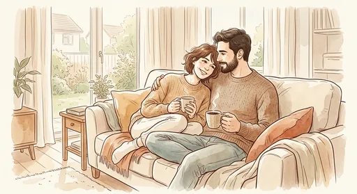 The same couple on the sofa, sketched as minimal line art